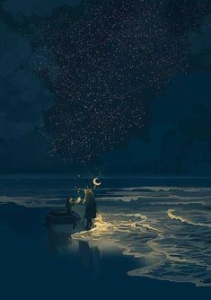 two people are sitting on a boat in the water at night with stars above them