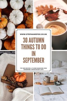 autumn things to do in september with pumpkins, books and cup of coffee on the table