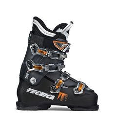 a pair of black and orange ski boots