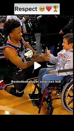 a young man in a wheelchair is playing basketball with an older man on the court