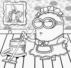 a black and white drawing of a minion holding a paintbrush in her hand