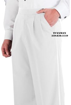 Nice Not THAT OLD!! White Pleated Tuxedo trousers Trousers are adjustable BUYERS You have to send me your approximate inseam,If I don't have it before shipping time I will send the longest I have at the time. 30-32 33-35 36-38 39-41 42-44... Tuxedo pants were made here in the USA and are wash and wear. The pants are from my rental line (USED) and are in nice shape! MIGHT HAVE SOME RAIL DIRT THAT'S IT! :) You'll most likely need to wash them!  NO STAINS! Just dirt from hanging in a warehouse :) Nice enough for a Wedding or Prom Or any Formal event. Always happy to exchange an item for a different size, because of the nature of this business I don't offer refunds only exchanges. If you have any questions at all please feel free  If you're looking for something and can't find it ask me! I eit White Full Length Pants With Belt Loops, White Full-length Bottoms With Belt Loops, Fitted Solid Color Pants With Waistband, Fitted Pants With Waistband, White Full-length Dress Pants With Pockets, Usa Pants, Vintage Tuxedo, Tuxedo Pants, Tuxedo For Men