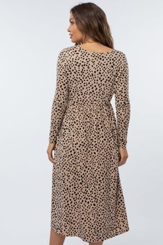 Details A printed long sleeve maternity midi dress. Content + Care 96% Polyester 4% Spandex Hand Wash Cold, No Bleach, Hang or Line Dry USA Size + Fit Length: 45" Sleeve Length: 19" Measured From: Small Product Code: 69360