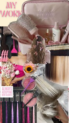 a collage of hair and beauty products with the words my work written on it