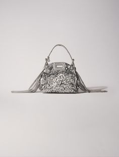 Miss M Nano bag with silver sequins | Maje US Glamorous Embellished Silver Bag, Formal Hand-embellished Silver Bag, Silver Shoulder Bag For On-the-go, Glamorous Silver Metal Bag, Luxury Silver Sequin Bag, Leather Corset Belt, It Bag, Belt Jewelry, Silver Sequin