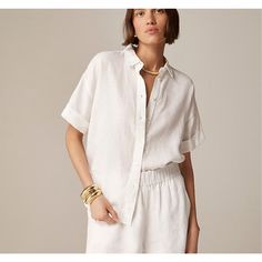 J. Crew Womens Baird Mcnutt Irish Linen Capitaine Button-Up Shirt Small White Brand: J. Crew Department: Women Size: Small Color: White Style: Button-Up Closure: Button Sleeve Type: Short Sleeve Material: Irish Linen Pattern: Solid Condition: New With Tags; There Are A Few Tiny Makeup Spots That Look Like Makeup. See All Pictures For Details. No Other Visible Flaws. Features: - Button Front - Short Cuffed Sleeves - Curved Hemline - Spread Collar Approximate Measurements: Pit To Pit: 22" Length: Linen Short Sleeve, Style Goals, The Mill, Custom Label, Linen Short, Irish Linen, Classic Wardrobe, Linen Shop, Jcrew Women