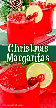 christmas margaritas with lime and cranberry garnish