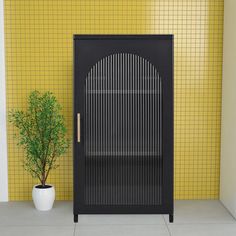 a black cabinet sitting next to a potted plant in front of a yellow wall