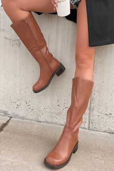 Color: Cognac Faux Leather Uppers Full-Length Zipper Square Toe 2" Heel Very Narrow Fit Length Runs True To Size Launched: 10/4/23 Boots Cognac, Lantern Sleeve Sweater, Faux Leather Boots, Flying Monkey Jeans, Cardigan Sweaters For Women, Small Dress, Brown Boots, Winter Season, Over The Knee Boots