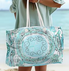 This listing is for a Pretty Aqua Pastel Spring Summer tote, a large weekend rectangle  shoulder bag in canvas, a printed beach lover bag in boho hippie mandala style. Perfect gift for an oversized shopping bag, a puppy tote, a yoga tote or vacation bag. TOTE FEATURES: -100% Polyester canvas -Available in 1 size: 13" X 24"  -White fabric lined interior -White rope handles.  27" long fed through gold color metal grommets -All over print -Boxed corners -Front and Back sides are sewn together by cr Bohemian Canvas Beach Bag For Travel, Blue Bohemian Beach Bag With Large Capacity, Bohemian Canvas Bag For Travel, Yoga Tote, Colorful Area Rug, Vacation Bag, White Rope, Summer Tote, Yoga Bag