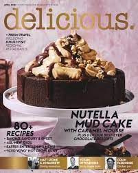 the cover of delicious desserts magazine features a chocolate cake with caramel mousse on top