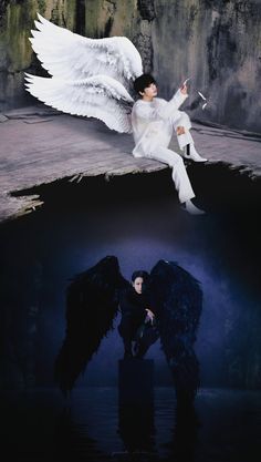 an angel is flying over the water with two black wings in front of him and another person standing next to it