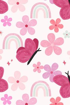 a pink butterfly and flower wallpaper with rainbows, stars, and flowers on it