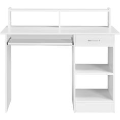 a white desk with shelves and drawers on the bottom shelf, against a white background