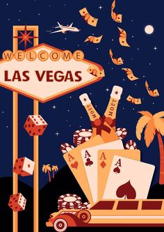 the las vegas sign is surrounded by casino cards and dice, with palm trees in the background