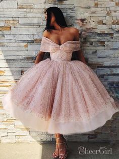 Sparkly Pink Tea Length Prom Dresses Off the Shoulder Prom Dress ARD2088-SheerGirl Fancy Ball Gowns, Off The Shoulder Homecoming Dress, Tea Length Prom Dress, Prom Dresses Off The Shoulder, Fancy Ball, Homecoming Dresses Sparkly, Formal Ball Gown, Prom Dresses 2020, Pink Homecoming Dress