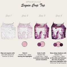 the instructions for sequin crop tops are shown in three different colors and sizes, including pink