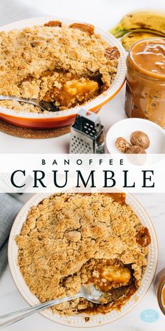 two images of banoffee crumble, a dessert of bananas and caramel. By Movers and Bakers Banoffee Recipe, Amazing Christmas Desserts, Hot Desserts, Fruit Crumble, Crumble Recipe, Winter Desserts, Sweet Pie, Crumble Topping