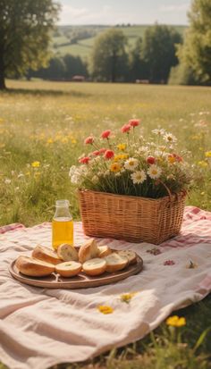 bread and flowers on a picnic blanket in the grass with a bottle of oil next to it