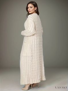 Lasaky - Womens Plus Size Essential Cardigan: Solid Cable-Knit Long Sleeve Maxi Cardigan with Practical Pockets Long Knit Cardigan With Pockets, Long Sweater With Pockets For Loungewear, Cream Long Knit Outerwear, Cozy Long Soft Knit Cardigan, Beige Long Cable Knit Outerwear, Cream Ribbed Knit Cardigan, Long Soft Knit Cardigan, Long Ribbed Knit Sweater, Cozy Ribbed Knit Sweater Coat