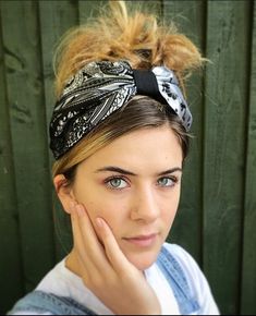 Fabric turban head band in a black and grey Art Deco print, based on the 1940s land girl style and 1950s Rockabilly fashions. A real statement piece with a standard 1 inch width inner Alice band attached within the lining to provide an easy to wear design. Our range of turban bands are the perfect easy to wear accessory and are worn exactly as an Alice band finishing behind the ears. (These bands do not go all the way around the back of the head, so are perfect for all hair styles. This unique c Black Matching Headband Hair Accessory, Black Bohemian Headscarf For Summer, Adjustable Black Bohemian Headwrap, Black Bohemian Headwrap In Headband Style, Black Bohemian Headband For Summer, Black Bohemian Headwrap Headband, Black Bohemian Headwrap For Summer, Black Bohemian Headband One Size, Black Bandana Print Headscarf