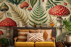 a living room with mushrooms and plants on the wall