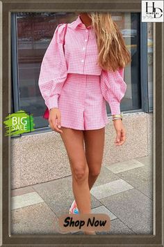 Plaid Button Crop Shirt Shorts Set Cropped Outfits, Stylish Crop Top, Two Piece Short Set, Puff Long Sleeves, Crop Top Shirts, Boyfriend Style, Long Sleeve Plaid, Pullover Shirt, Crop Blouse