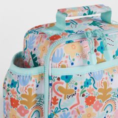 A fun and functional lunch box that's built to handle all the thrills and spills of the day. A colorful collection of garden friends flit and flutter over the bag's bright white exterior, and light aqua trim gives it a fresh flourish. Constructed of food-safe and supremely durable polyester made from recycled water bottles, our lightweight, easy-clean lunch box is roomy enough to hold multiple storage containers. Plus, it's insulated to keep meals just the way your kid likes them—hot, cold or so Cute White Lunch Bag For Travel, Playful Multicolor Lunch Box For Daycare, Playful Multicolor Lunch Box For Playtime, Fun Multicolor Lunch Box For Travel, Multicolor Fun Lunch Box For Travel, Playful Multicolor Lunch Bag, Playful Back To School Lunch Bag, Playful Green Lunch Bag For School, Playful Multicolor Lunch Bag For Playtime