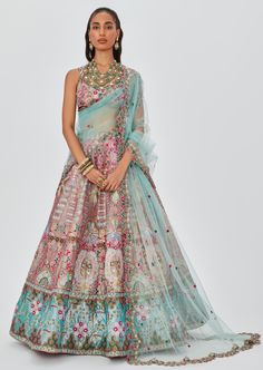 Multicolor Pink/ blue embellished heavy kali tissue contrast broad border lehenga with sleeveless blouse & scallop dupatta. Sleeveless Anarkali Lehenga With Dupatta, Fusion Style Choli For Diwali With Traditional Drape, Fusion Style Sets With Dupatta For Navratri, Fusion Sets With Dupatta For Navratri, Navratri Fusion Sets With Dupatta, Festive Fusion Sets With Resham Embroidery, Multicolor Sleeveless Choli With Dupatta, Sleeveless Multicolor Lehenga For Wedding, Fusion Style Choli With Zari Work For Festive Occasions