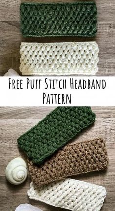 three crocheted headbands with the words free puff stitch headband pattern