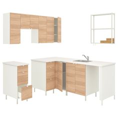 an image of kitchen furniture set with sink and cabinets in white and light wood finish