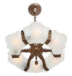 an antique style chandelier with frosted glass shades