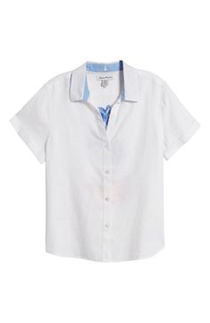 Crisp linen lets you keep your cool on a hot day in this cuffed-sleeve shirt printed with blue blooms on the back. Front button closure Spread collar Short sleeves 100% linen Machine wash, line dry Imported Fitted Shirt With Button Closure For Vacation, Fitted Button-up Short Sleeve Shirt For Vacation, Beach Tops With Spread Collar And Button Closure, Fitted Button-up Shirt For Vacation, Spring Tops With Rolled Sleeves And Camp Collar, Spring Camp Collar Tops With Rolled Sleeves, Vacation Button-up Shirt With Button Cuffs, Spring Classic Button-up Camp Shirt, Classic Spring Button-up Camp Shirt