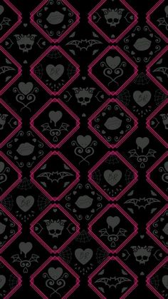 a black and pink wallpaper with hearts, bats and other things on the surface