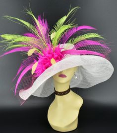 "✿*.Key Features.*✿ If you are looking for a floopy wide brim hat, here is it. It has magic brim, you can make any shape brim as you want by a steamer. Certainly it will keep its shape for long time. This is a very stunning and beautiful hat. You can see the detail! With matching veil, feather flower, mixed long feathers. It's a custom-made hat, if you want different color veil, feather flower, feathers, please contact Anna. Great for Kentucky derby, weddings, church, Easter, Royal Ascot, horse Pink Carnival Costume Hats, Pink High Crown Costume Hat For Party, Whimsical Pink Hat For Garden Party, White Whimsical Hat For Royal Ascot, Whimsical White Hat For Royal Ascot, Whimsical Pink Hat For Carnival, Multicolor Summer Wedding Headpiece, Pink Curved Brim Costume Hat For Beach, Pink Wide Brim Fascinator For The Beach