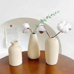 three vases with cotton flowers in them on a table