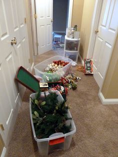 the christmas decorations are in plastic bins on the carpeted floor near two white doors