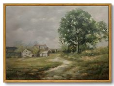 an oil painting of a country road leading to a house on the other side with a tree in the foreground