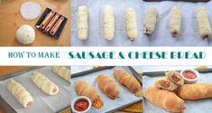 different types of sausage and cheese breads on baking trays with text overlay that reads how to make sausage and cheese bread