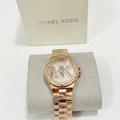 New Michael Kors Lennox Pav Logo Rose Gold-Tone Watch Conditions New In A Box Timeless Michael Kors Watch As Gift, Michael Kors Diamond Watch With Round Dial, Michael Kors Timeless Watch As Gift, Elegant Michael Kors Diamond Watch, Luxury Rose Gold Analog Watches, Michael Kors Timeless Watch With Diamond Hour Markers, Timeless Michael Kors Watch With Diamond Hour Markers, Modern Michael Kors Watch With Diamond Hour Markers, Modern Michael Kors Watches With Diamond Hour Markers