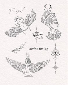 four different tattoos that have been drawn in black ink on white paper with the words divine time