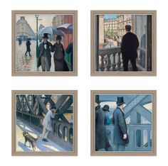 four paintings of people walking with umbrellas in the rain and one man holding an umbrella