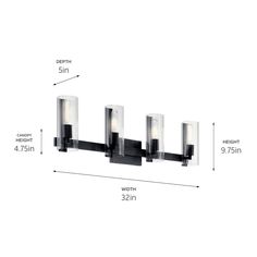 a bathroom light with three lights on each side and measurements for the fixture below it