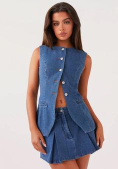 Summer Stretch Denim Blue Denim Vest, Summer Stretch Denim Blue Vest, Stretch Denim Vest For Summer, Summer Stretch Denim Vest, Fitted Denim Blue Vest For Summer, Fitted High Waist Denim Vest, Trendy Fitted High Waist Denim Vest, High Waist Medium Wash Denim Vest For Summer, Trendy High Waist Denim Vest For Summer