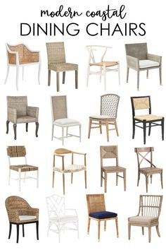 modern coastal dining chairs in various styles and colors with text overlay that says modern coastal dining chairs