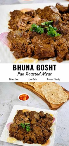 an image of a plate of food with meat and bread on the side that says, bhuna gosht pan roasted meat