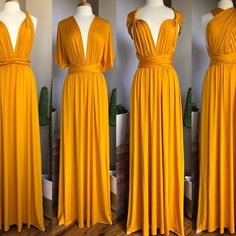 three different views of a yellow dress on mannequins in front of a white wall