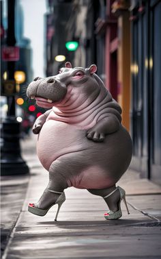 a hippopotamus standing on its hind legs in the middle of a city street