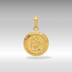 "Presenting our 14K Gold Saint Christopher Solid Medal Charm, a beacon of faith and protection for travelers around the globe. This exquisite charm is a tribute to Saint Christopher, the revered patron saint of travelers, offering a blend of spiritual reassurance and artisanal elegance. Meticulously crafted in solid 14K gold, this pendant is both a durable and meaningful accessory, designed to accompany you on your journeys. The front of the medal showcases a detailed depiction of Saint Christopher, traditionally portrayed bearing the Christ child across a river, symbolizing his role as a guardian and protector. The phrase \"PROTECT US\" is thoughtfully engraved, serving as a heartfelt invocation for safety and guidance. This Saint Christopher medal is not merely an ornament but a symbol o Engraved Round Pendant Jewelry As Souvenir, Engraved Round Pendant Jewelry For Souvenir, St Christopher Medal, Protection Amulet, Saint Christopher, Chains Necklaces, Patron Saints, Box Chain, Shop Earrings