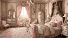 an ornate bedroom with pink and white decor